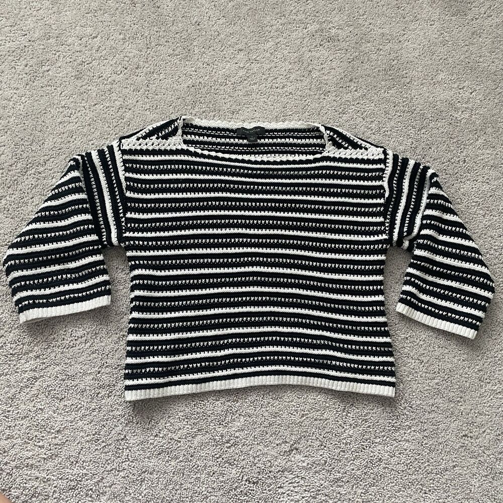 Ann Taylor Striped 100% Cotton Sweater Black Cream Knit Women's Small